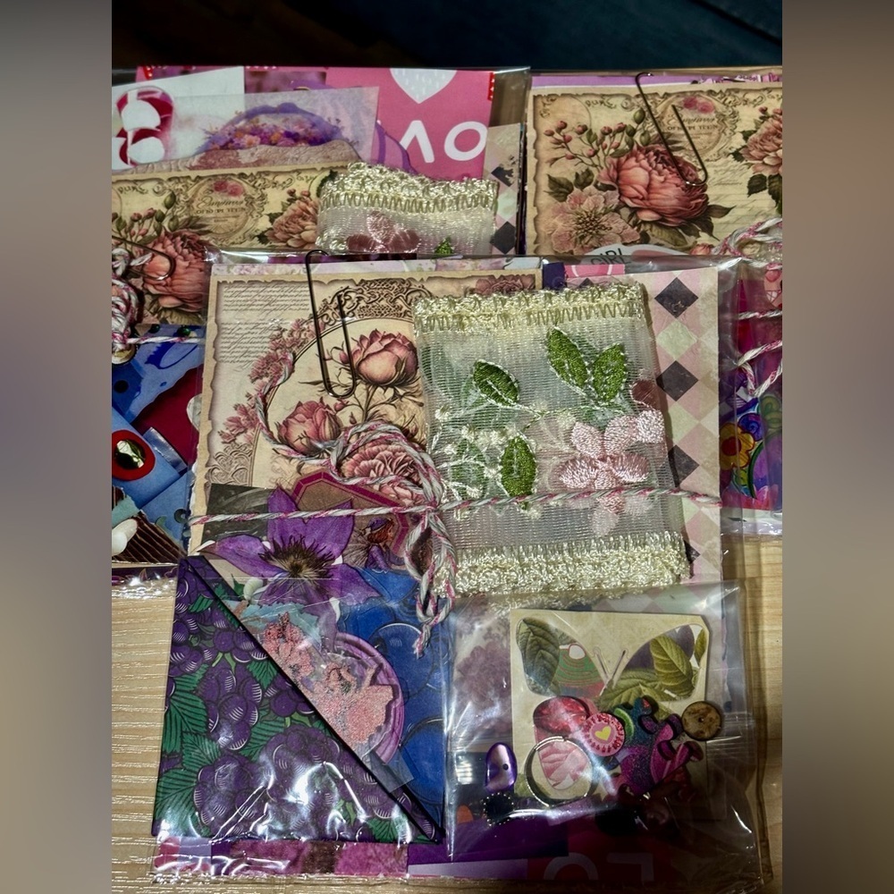 Pink and purple Junk journal scrapbook mystery scrap cut supplies ephemera beads